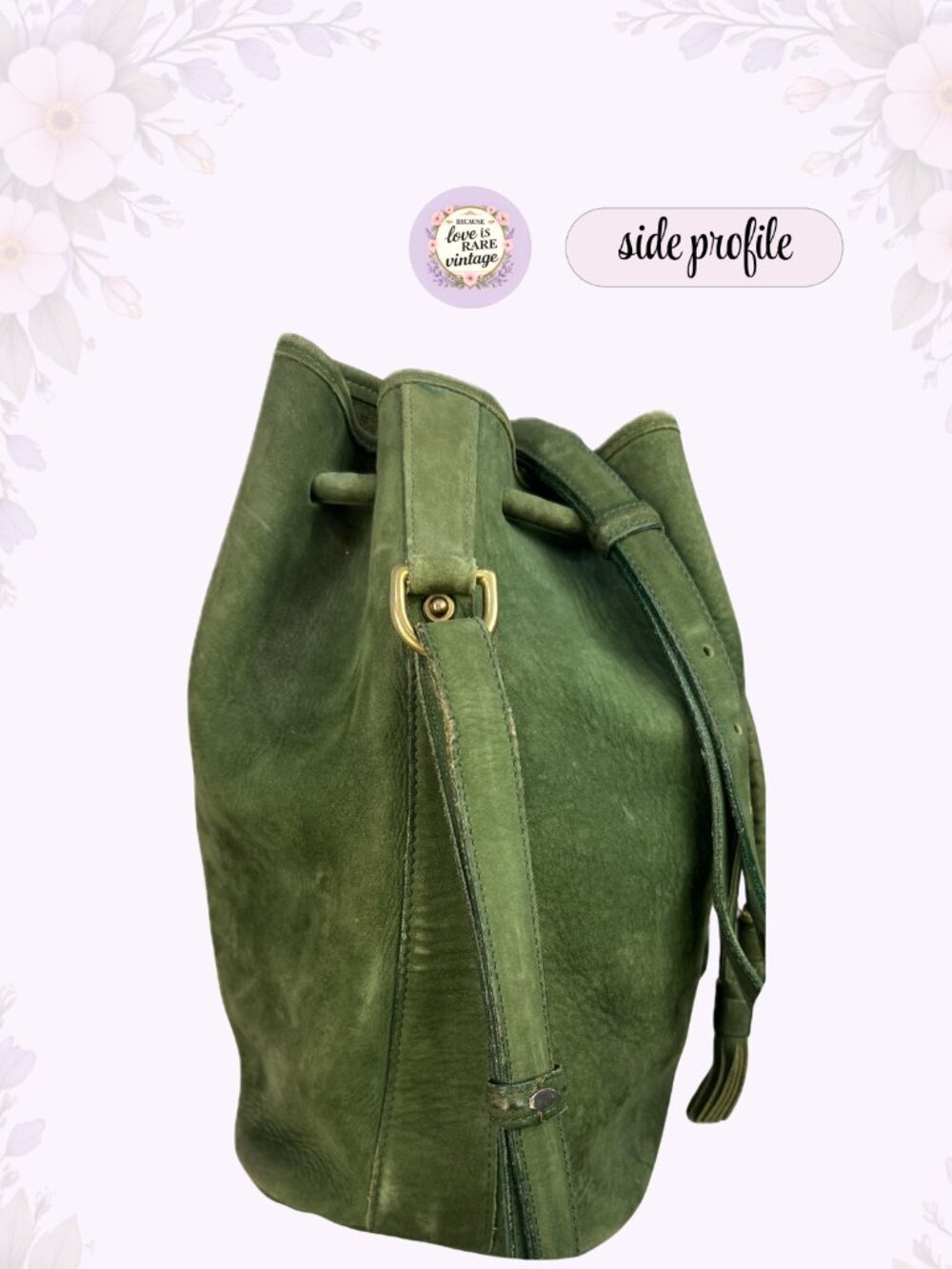 Vintage Dooney & Bourke Leather Bucket Bag • 1990s Green Suede Drawstring Purse - Picture 9 of 15